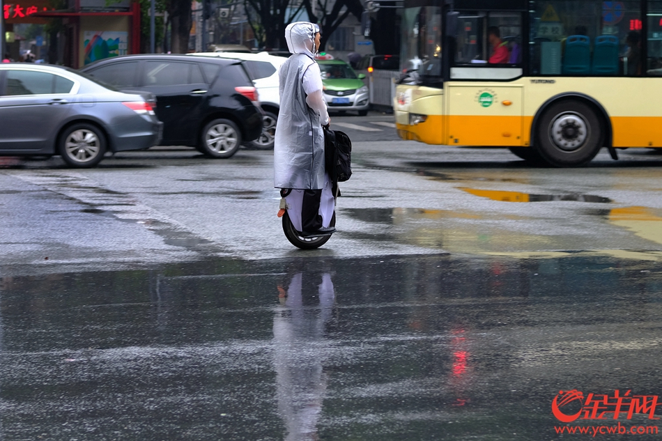 这街坊潇洒，“全副防雨武装”骑着独轮车雨中穿行。记者 陈秋明 摄