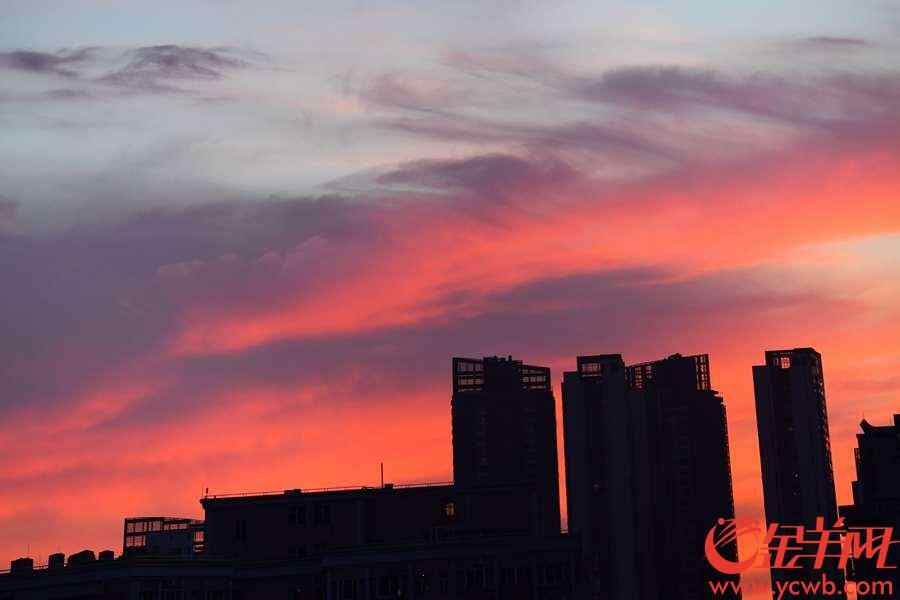 台风“山神”已于今天凌晨4点50分登陆海南万宁万城镇，之后继续西行。今天傍晚,“山神”留给广州靓丽晚霞。金羊网记者 陈秋明 摄