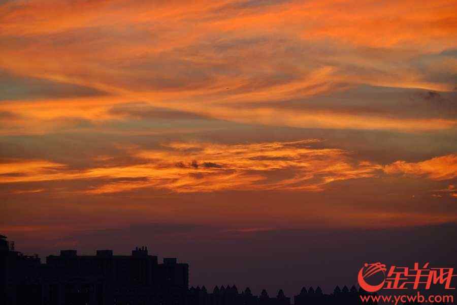 台风“山神”已于今天凌晨4点50分登陆海南万宁万城镇，之后继续西行。今天傍晚,“山神”留给广州靓丽晚霞。金羊网记者 陈秋明 摄