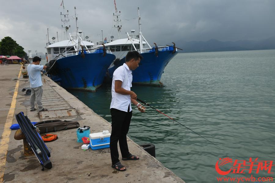 台风没有带来强风和暴雨，有市民在蛇口渔人码头钓鱼。王磊 摄