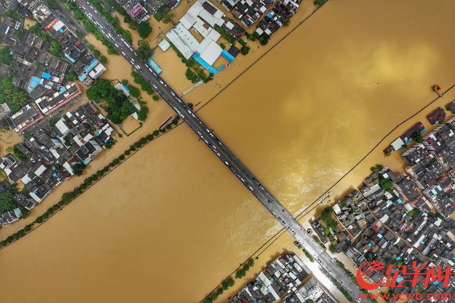 2018年9月18日，广东阳春昨天出现的最高水位16.4m，超过警戒水位近3m。广东气象局发布，今早8点，阳春仍超警戒水位2.5m。目前阳春各街镇仍有大面积的低洼地区积水，今天阳江的雨势跟昨天相比有所减弱。漠阳江二桥附近的积水已经明显下降了许多。水退了的地方市民开始进行清理工作，而部分较低洼地方，仍要靠橡皮艇进行救援。
金羊网记者 黄巍俊 摄