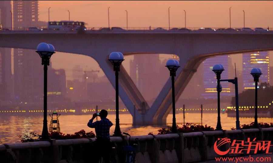 广州晴热干燥，夕阳照天空，常常出现大面积的红霞飞舞景象。太阳在消失地平线之前的短暂时分，让塞在车流中的人们享受了一刹那的浪漫。金羊网记者 戚耀琪 摄