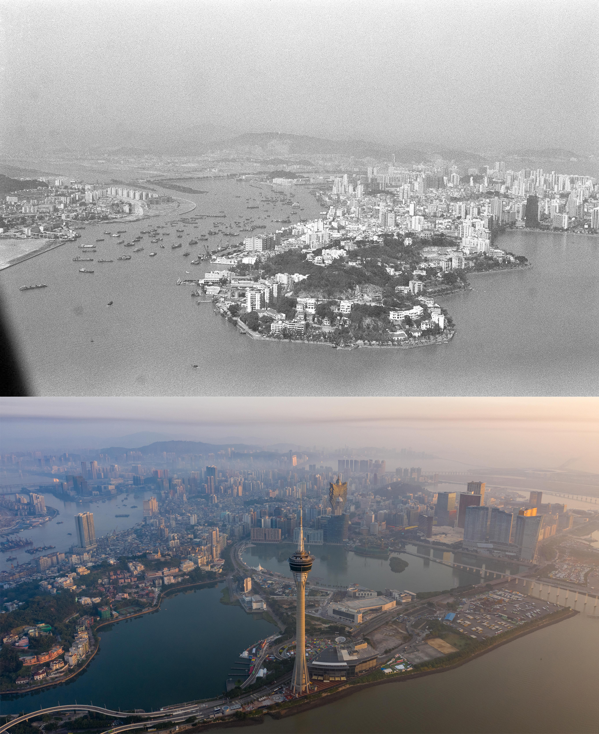 上：这是从空中俯瞰澳门（上：新华社记者毕玥年摄，1992年8月15日发；下：新华社记者张金加摄，2019年11月18日无人机拍摄） 。