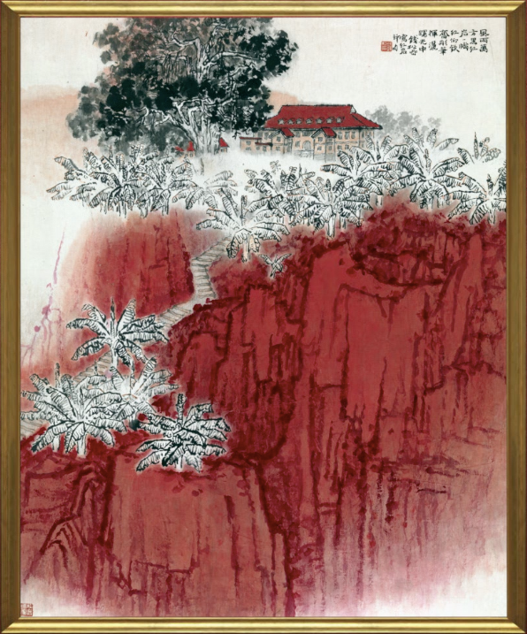 在国画《红岩》中,大面积的红色岩石,由纵横相间,长短不一的线条构成.