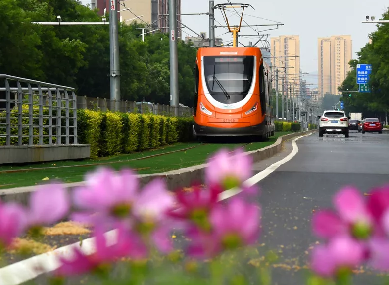 6月4日,一輛有軌電車行駛在青島市城陽區春陽路上.新華社記者李紫恆攝