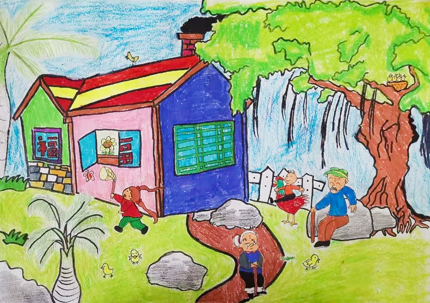 农村儿童画漂亮又简单图片