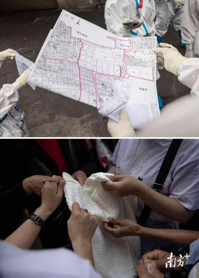 上图：2022年11月19日，手绘地形图为志愿者和医护人员上门服务提供便利。下图：2023年2月12日，求职者纷纷用手查看一件衣服布料和工艺，询问工钱。