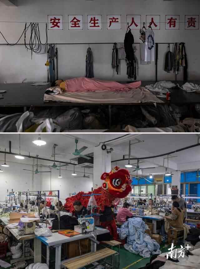 上图：2022年11月22日，一家制衣厂内，为了不聚集，工人们在厂内分开休息。下图：2023年2月5日，海珠康鹭片区一家制衣厂内，一头醒狮进行着表演，预兆新的一年生意兴隆。