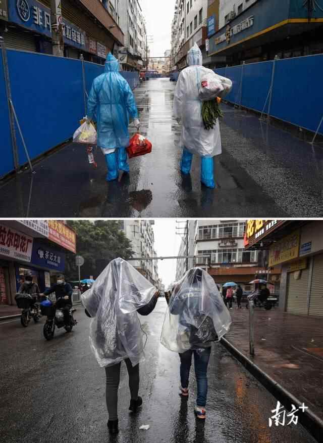 上图：2022年11月24日，志愿者冒雨前行，为第七网格的居民们运送物资。下图：2023年2月5日，两名外来务工人员披着薄膜袋前往“招工一条街”寻找工作机会。