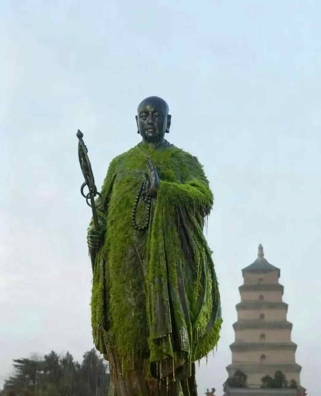 西安持续降雨导致玄奘法师铜像长满青苔？工作